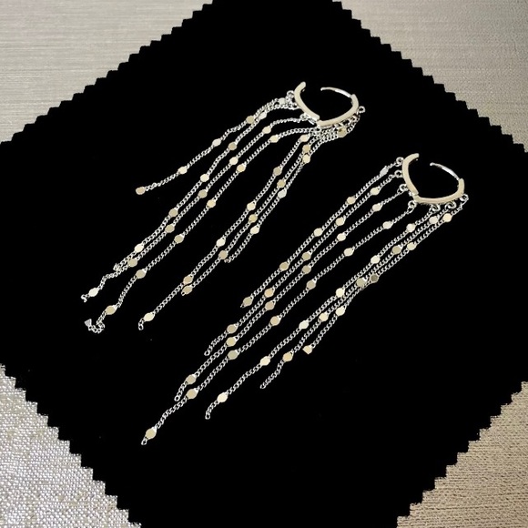 Silver geometric dangle tassel drop earrings - Picture 2 of 7